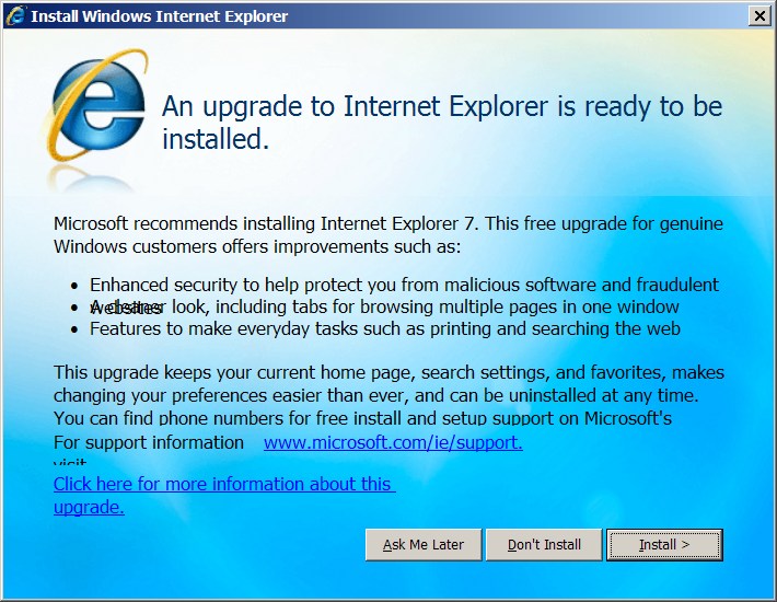 Internet Explorer 7 installation banner