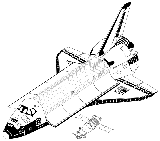 The Space Shuttle orbiter and the 1986–2003 Soyuz model drawn to scale.