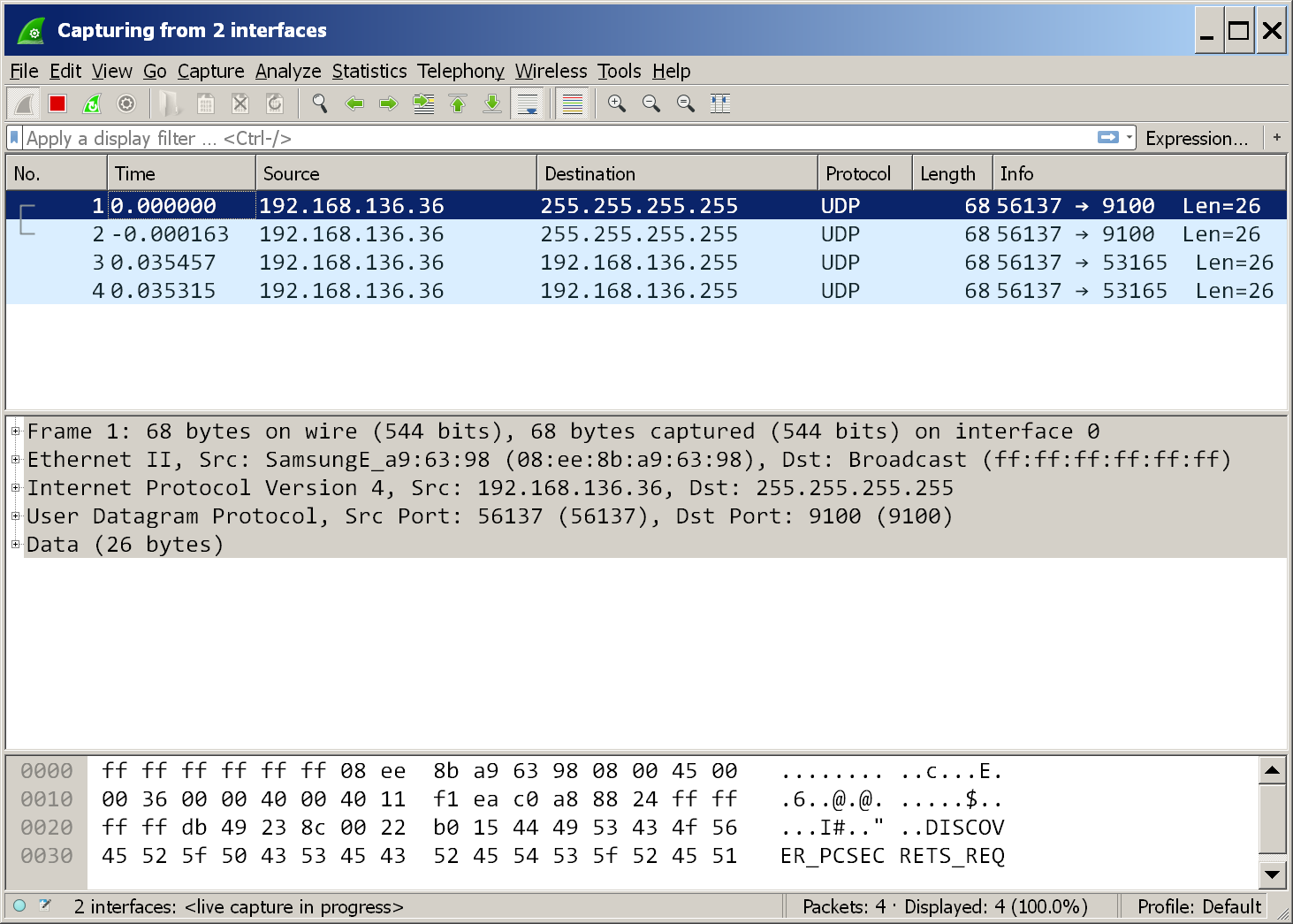 Wireshask display of the UDP server discovery packets