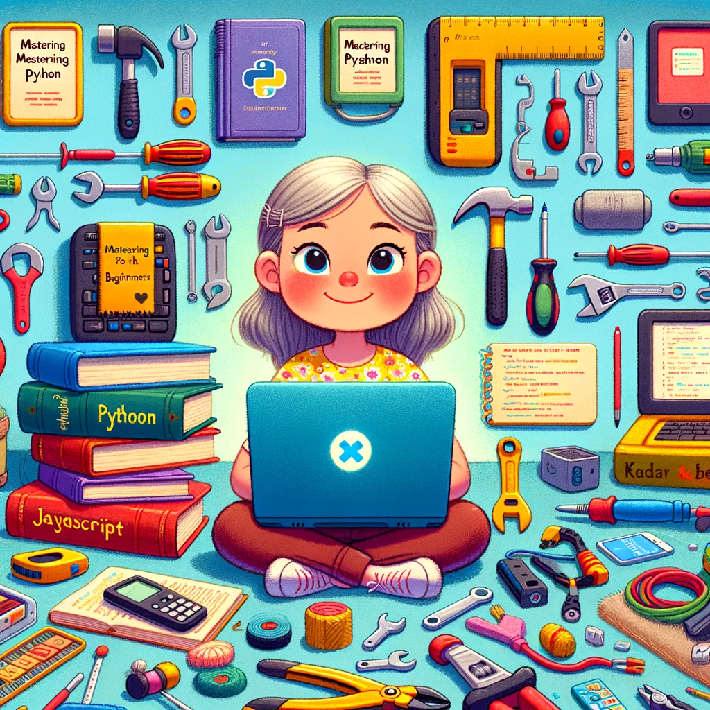 AI generated image: Create an image in children's story book style of a female software developer having a large collection of both programming and traditional tools.